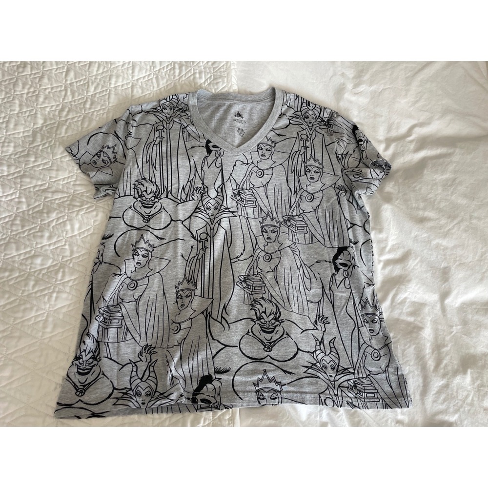 Disney V-Neck Shirt Villains All Over Print Sketch Maleficent Ursula Grey XL